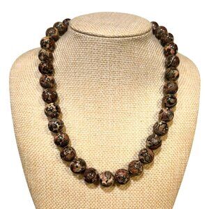 Vintage Leopard Jasper Bead Necklace Natural Gemstone Boho Earthy Statement 16"